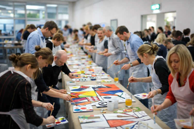 Gruppe von Mitarbeitenden malt zusammen bei einem Teambuilding Event